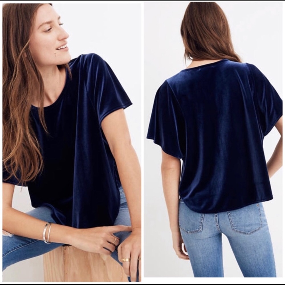 Madewell velvet butterfly top. Pewter-blue.